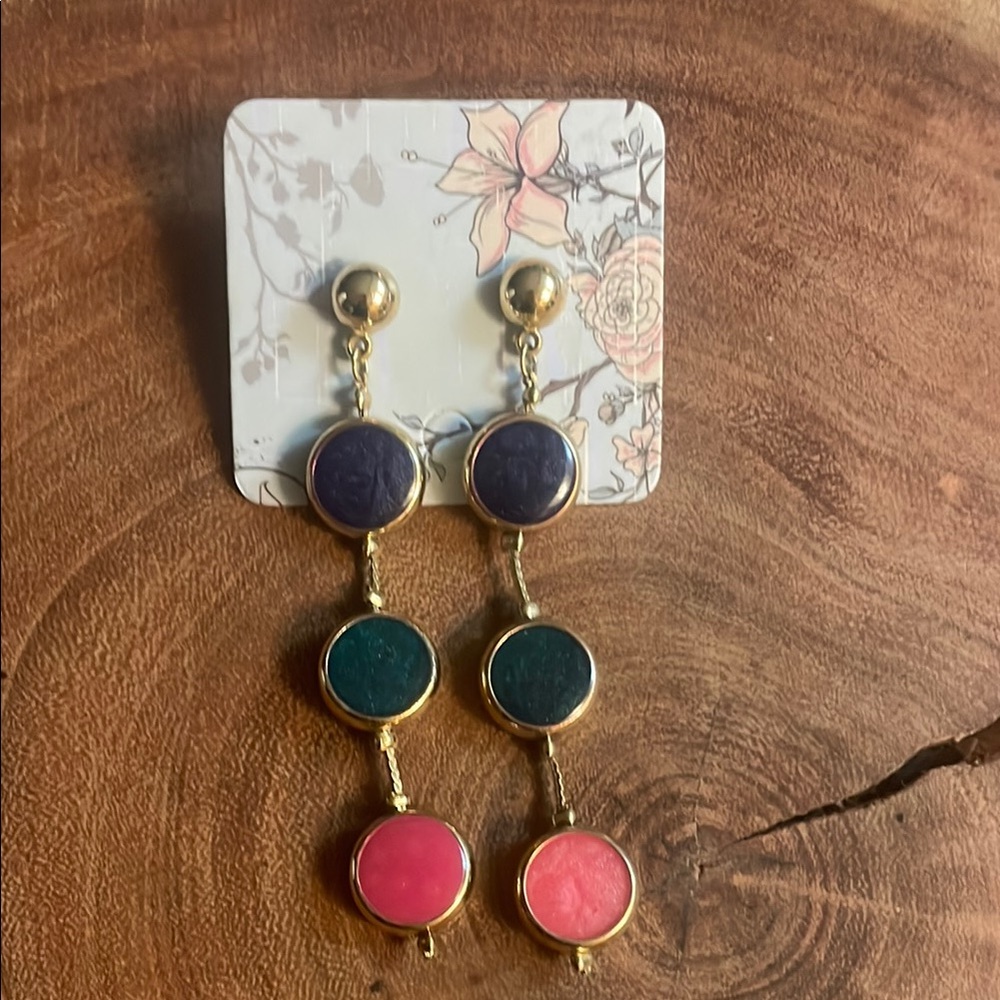 Gold Tone Multicolor Triple Drop Dangle Earrings 90s Style